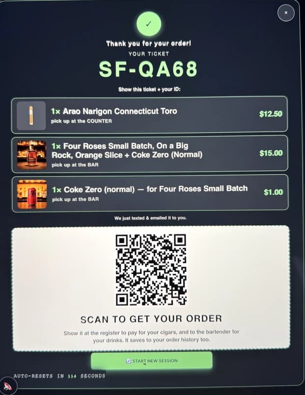 Order confirmation on the kiosk