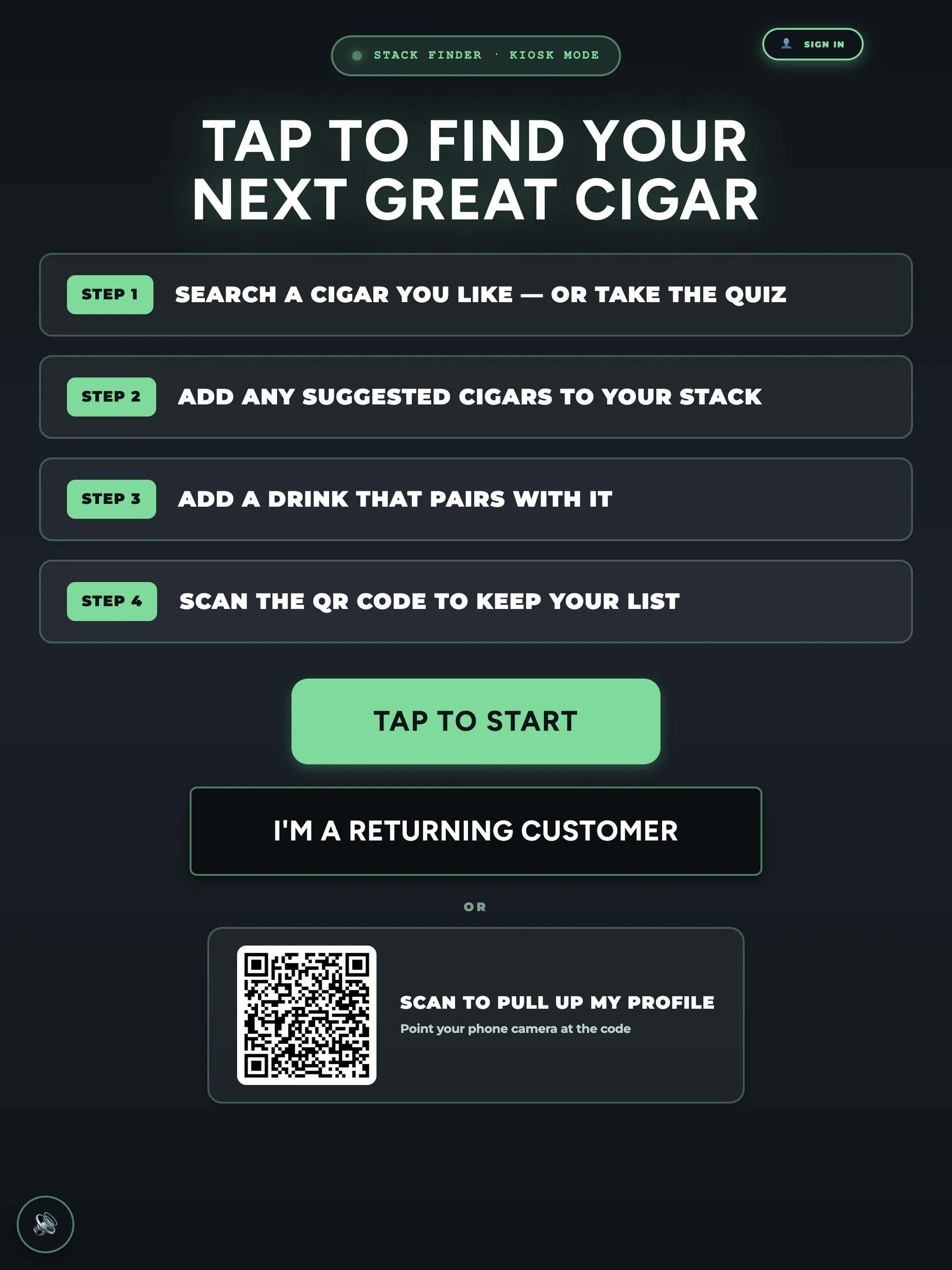 The Stack Finder kiosk attract screen inviting a guest to tap to start